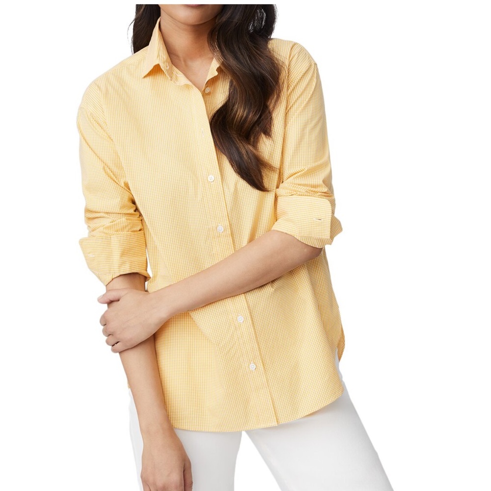 J. McLaughlin cotton button down point collar Finn in Golden blouse.